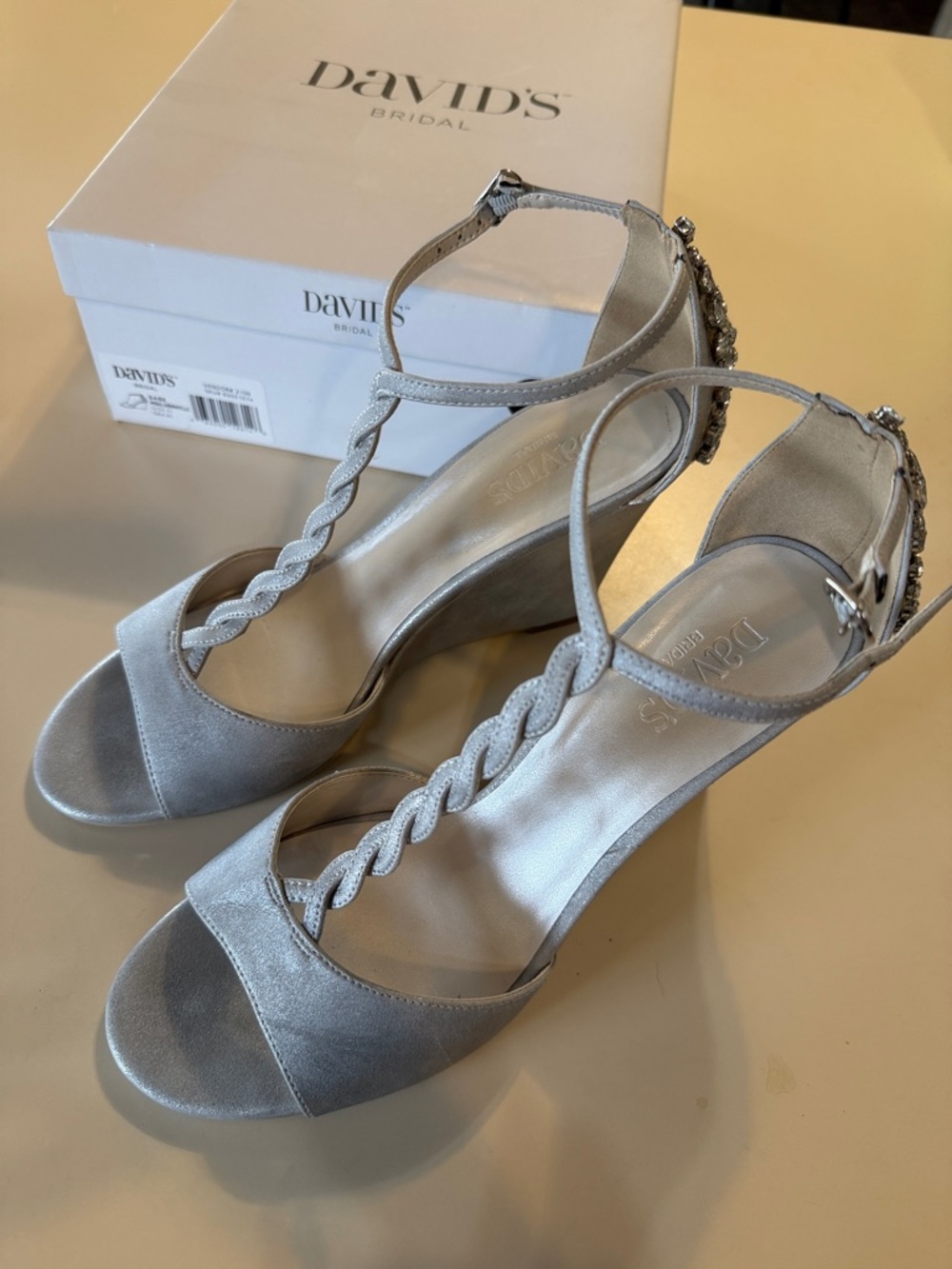 David's Bridal Silver Braided T-Strap Heels with Ankle Buckle
